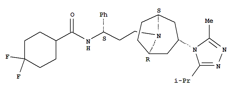 Maraviroc; 4,4-二氟-N-[(1S)-3-[(1R,5S)-3-(3-甲基-5-异丙基-1,2,4-三唑-4-基)-8-氮杂双环[3.2.1]辛烷-8-基]-1-苯基丙基]环己烷-1-甲酰胺