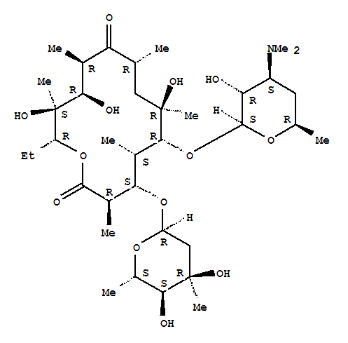 Erythromycin C/(3R,4S,5S,6R,7R,9R,11R,12R,13S,14R)-4-(((2R,4R,5S,6S)-4,5-dihydroxy-4,6-dimethyltetrahydro-2H-pyran-2-yl)oxy)-6-(((2S,3R,4S,6R)-4-(dimethylamino)-3-hydroxy-6-methyltetrahydro-2H-pyran-2-yl)oxy)-14-ethyl-7,12,13-trihydroxy-3,5,7,9,11,13-hexa